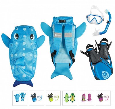 Maske + Schnorchel + Flossen + Rucksack - MARES Seefreunde SET - Junior Blue - Fisch ML